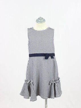 Girls' JANIE AND JACK Navy Blue White Mini Check Jacquard Knit Bow Dress, Size 6
